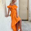 φορεμα ποπλινα πορτοκαλι με βολαν και ριχτους ωμους