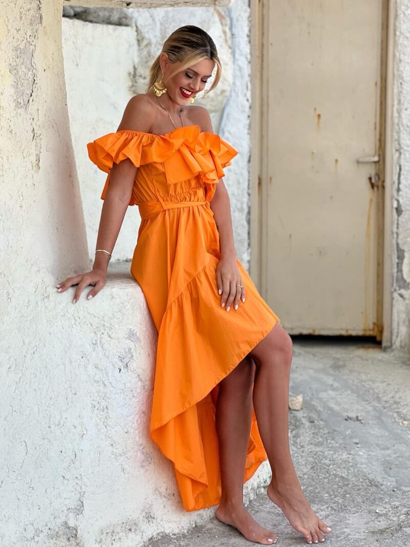 φορεμα ποπλινα πορτοκαλι με βολαν και ριχτους ωμους