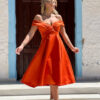 φορεμα σε αλφα γραμμη πορτοκαλι μιντι με ριχτους ωμους