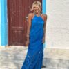 φορεμα μαξι δαντελα αμανικο μπλε ρουα